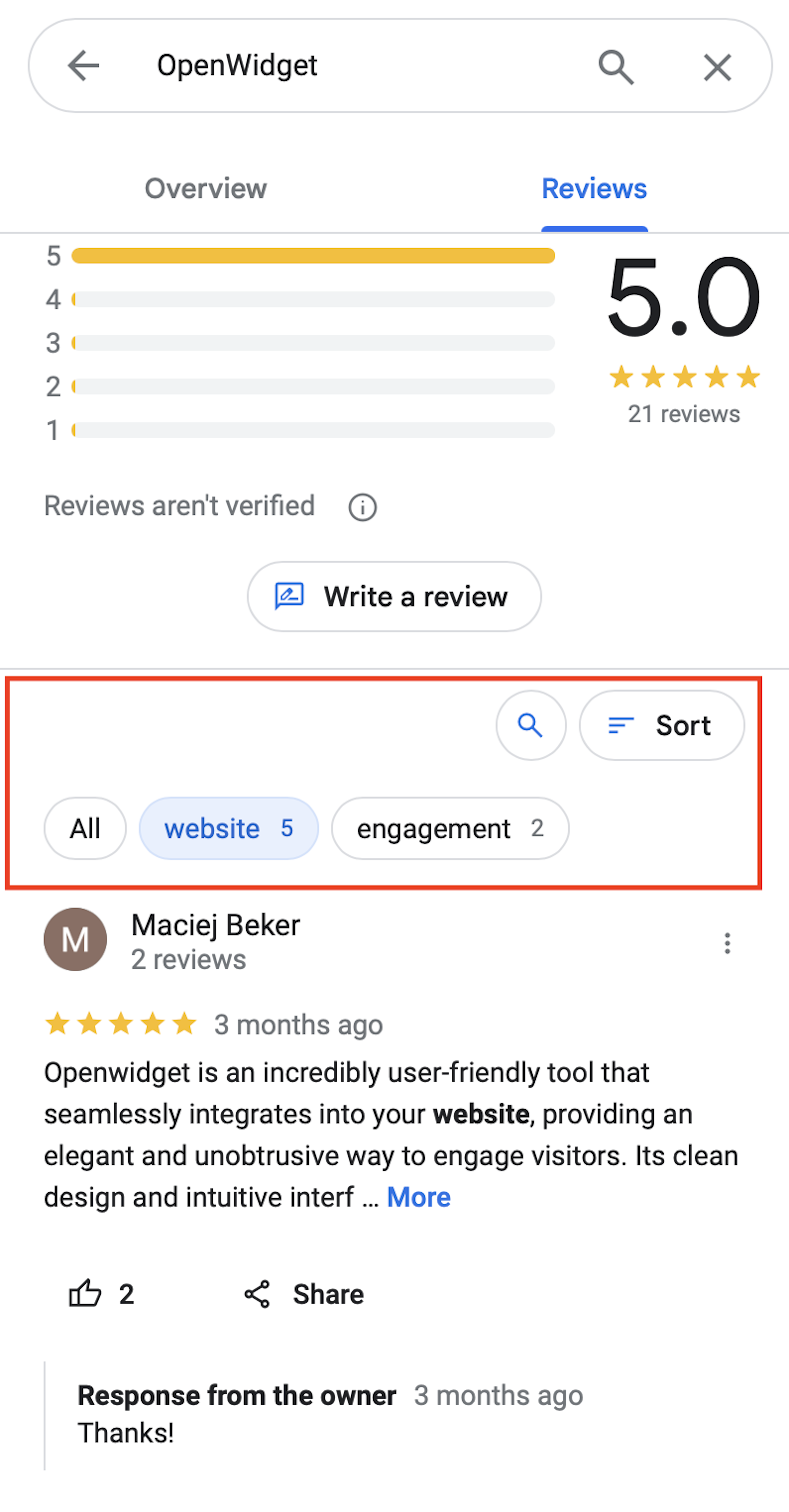 OpenWidget reviews in Google Maps