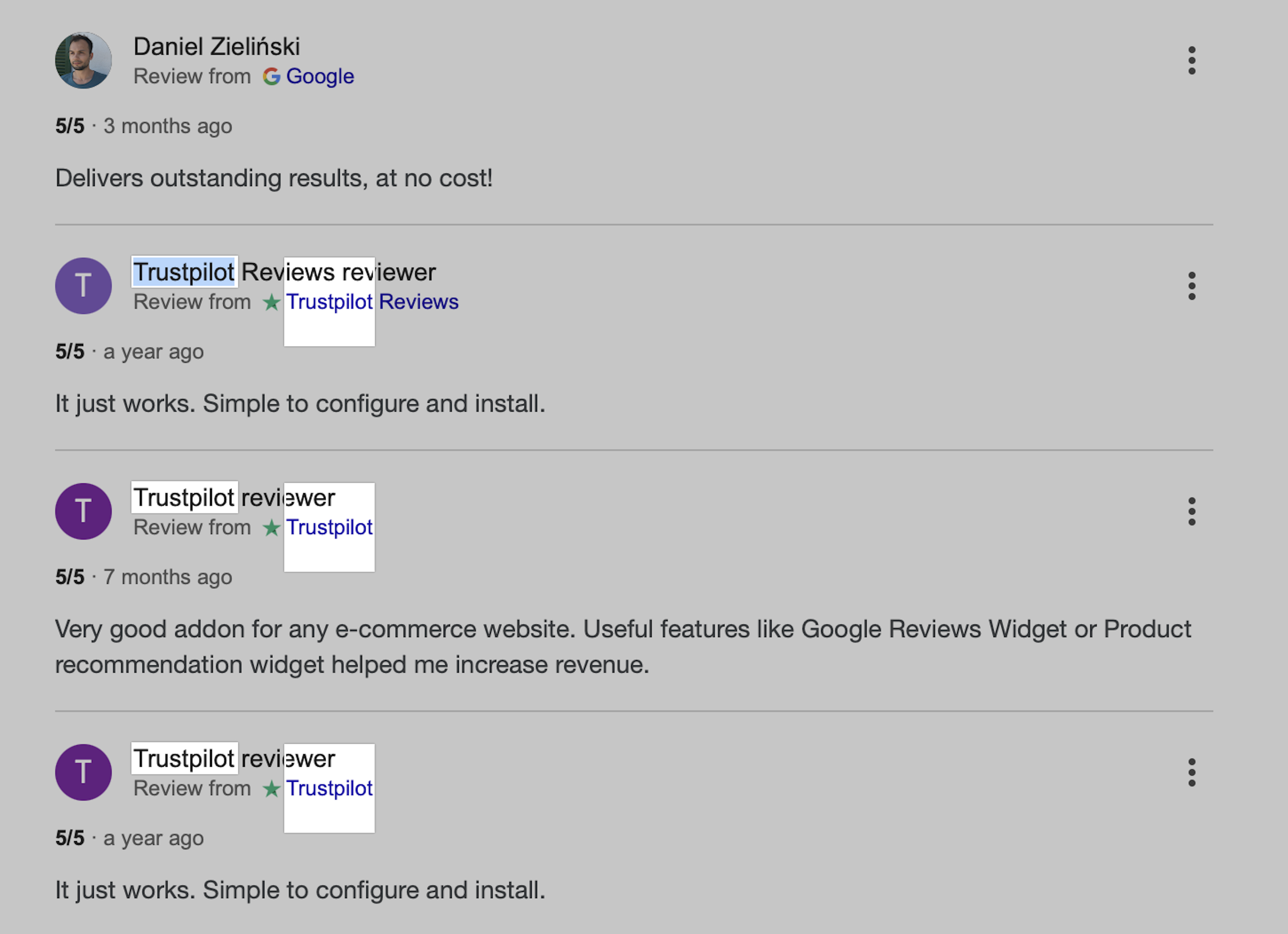 Google reviews for OpenWidget with highlighted Trustpilot revewies