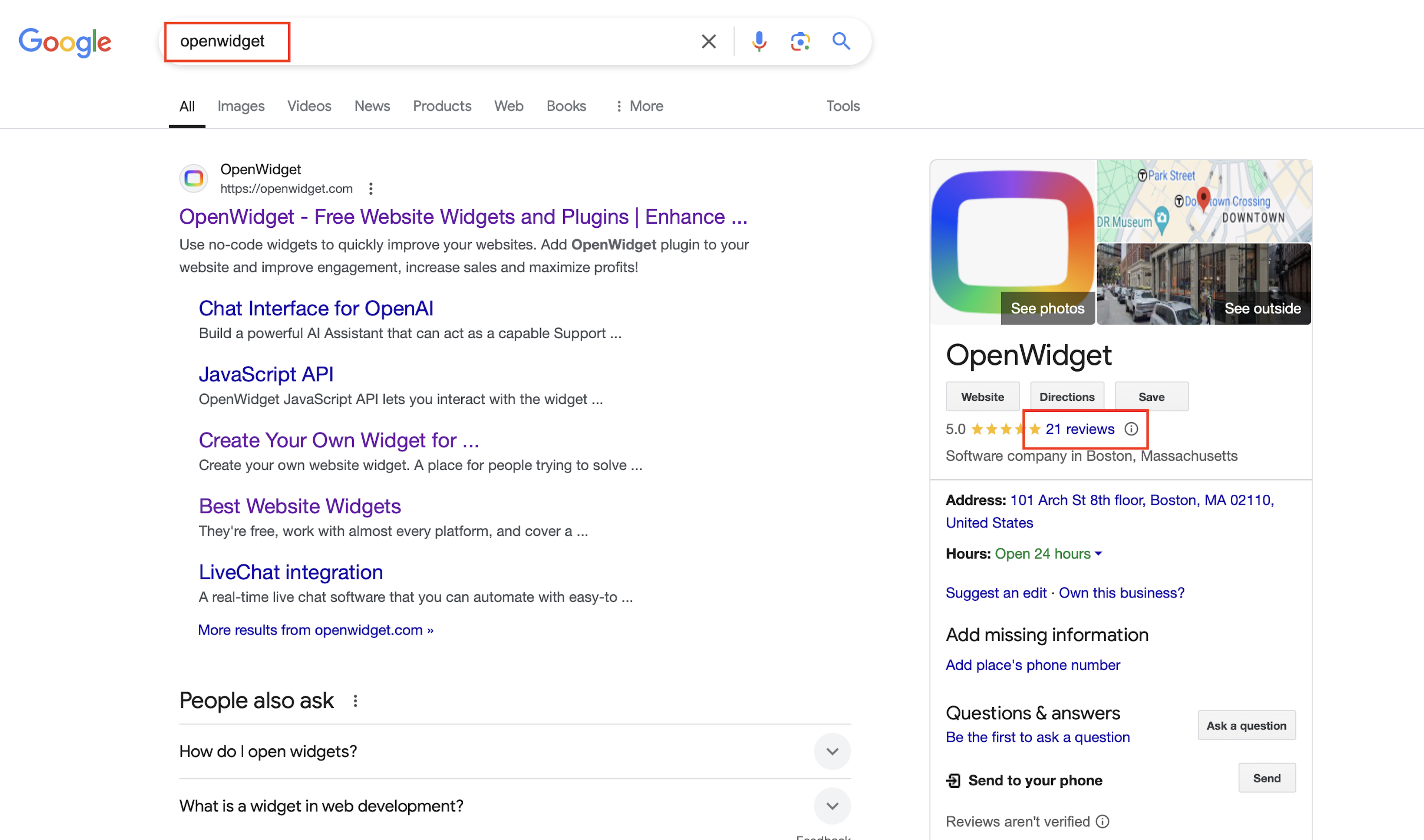 Google search view for OpenWidget with highlighted reviews