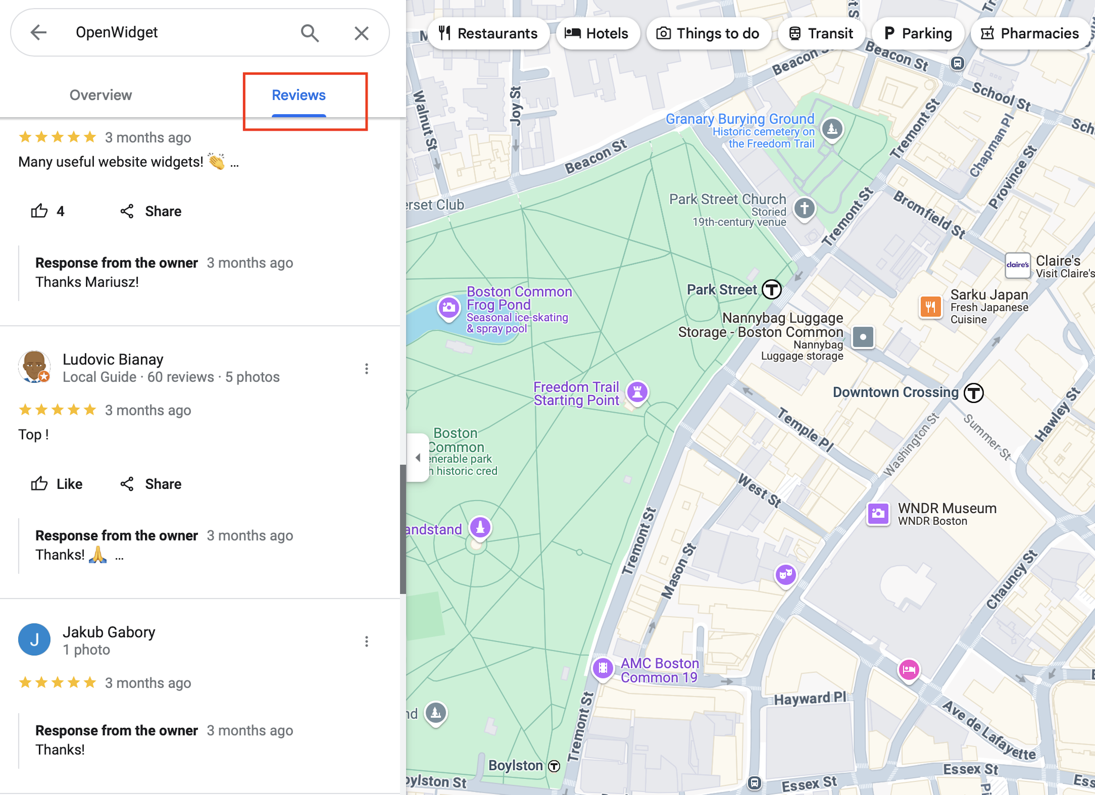 OpenWidget reviews in Google Maps app